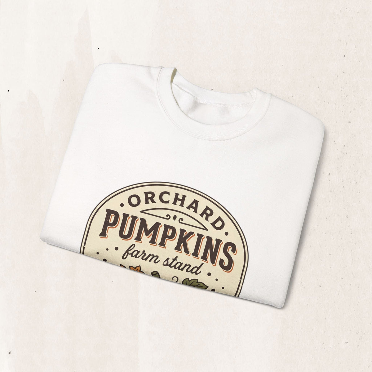 Wicked Thread Society white crewneck sweatshirt with a vintage-inspired pumpkin farmstand graphic print.