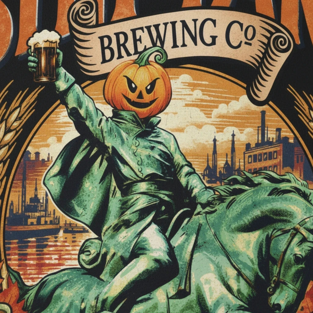Wicked Thread Society crewneck sweatshirt featuring a vintage-style pumpkinhead horseman illustration on the back.