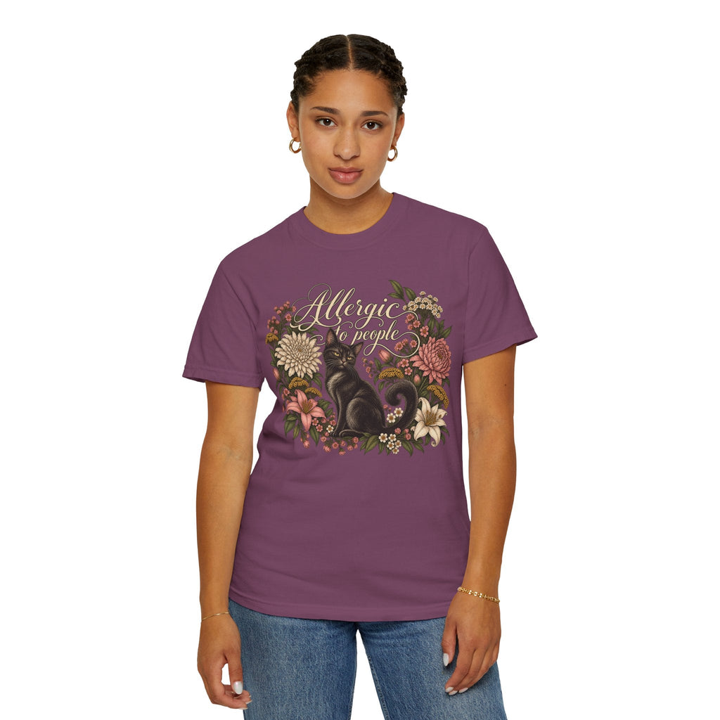 Wicked Thread Society purple graphic t-shirt featuring a black cat and floral wreath with Allergic to People text
