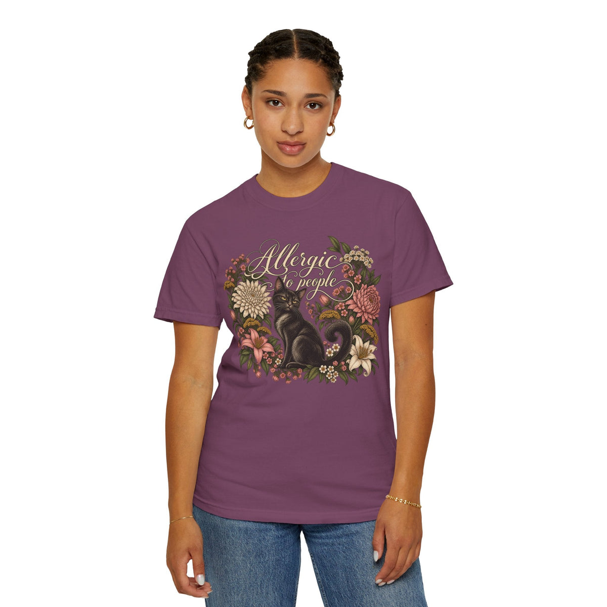 Wicked Thread Society purple graphic t-shirt featuring a black cat and floral wreath with Allergic to People text