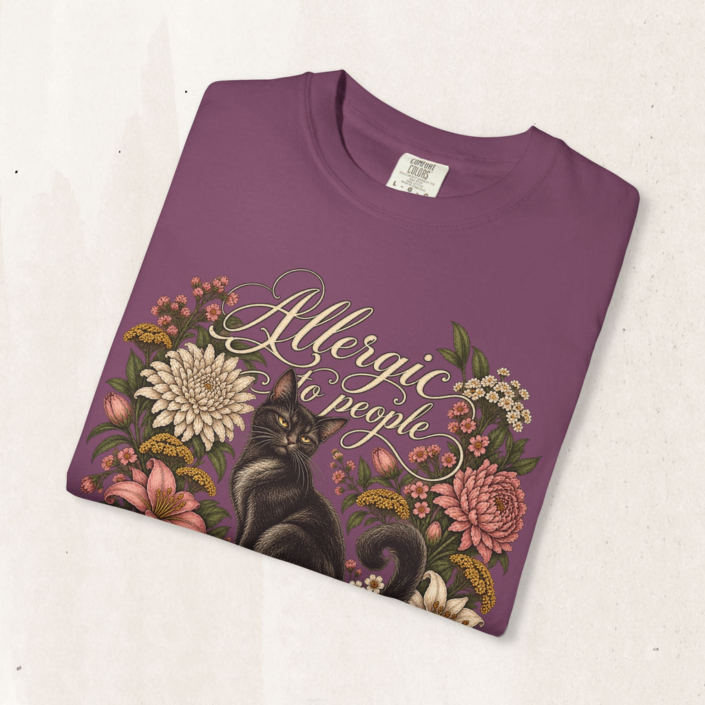 Wicked Thread Society purple graphic t-shirt featuring a black cat illustration and floral wreath with script text.