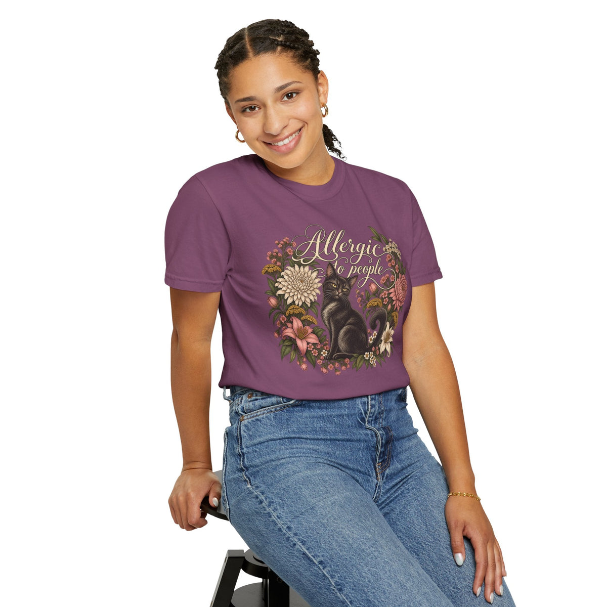 Wicked Thread Society purple graphic t-shirt featuring a black cat and floral wreath with Allergic to People text