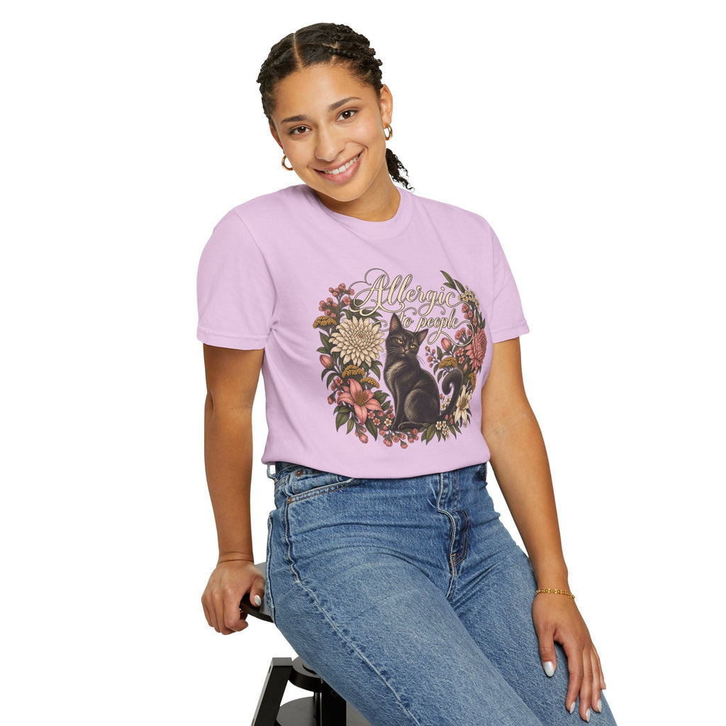 Wicked Thread Society light purple graphic t-shirt featuring a black cat and floral wreath on a smiling woman