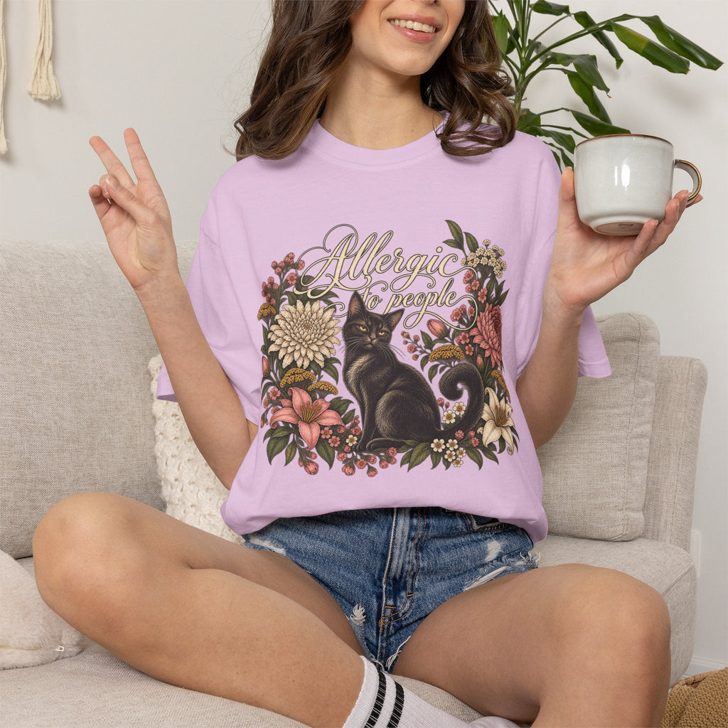 Wicked Thread Society light purple graphic t-shirt featuring a black cat and floral wreath with Allergic to People text