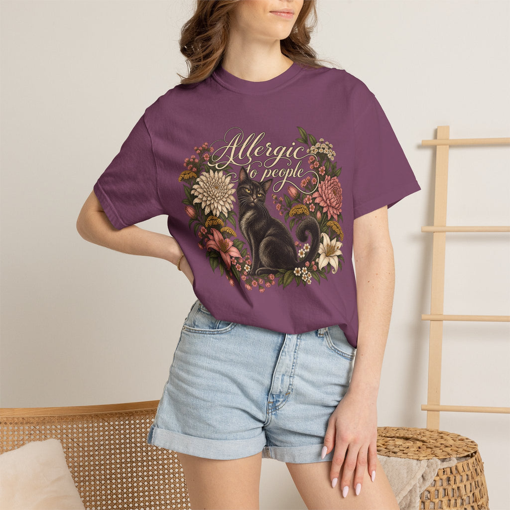 Wicked Thread Society purple graphic t-shirt featuring a black cat and floral wreath with Allergic to People text
