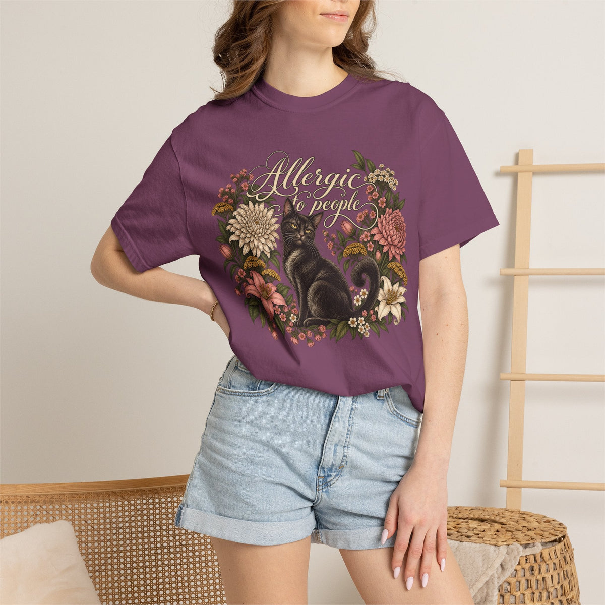 Wicked Thread Society purple graphic t-shirt featuring a black cat and floral wreath with Allergic to People text