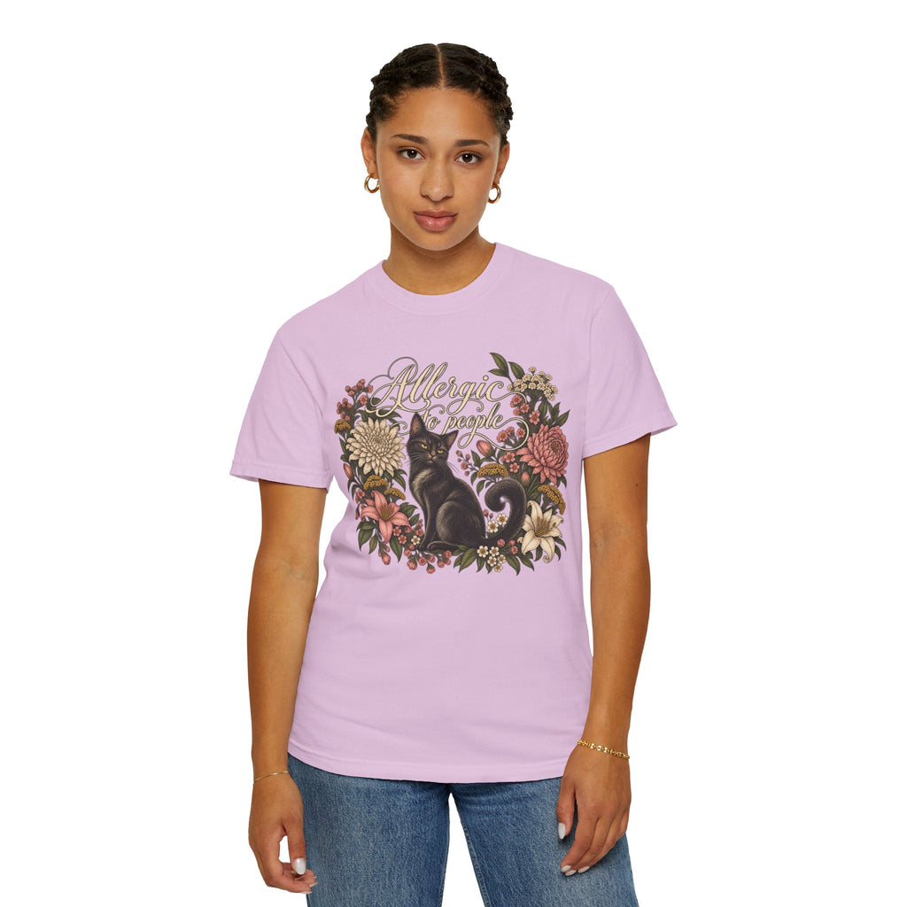 Wicked Thread Society light purple t-shirt featuring a black cat illustration with a vintage floral wreath design.
