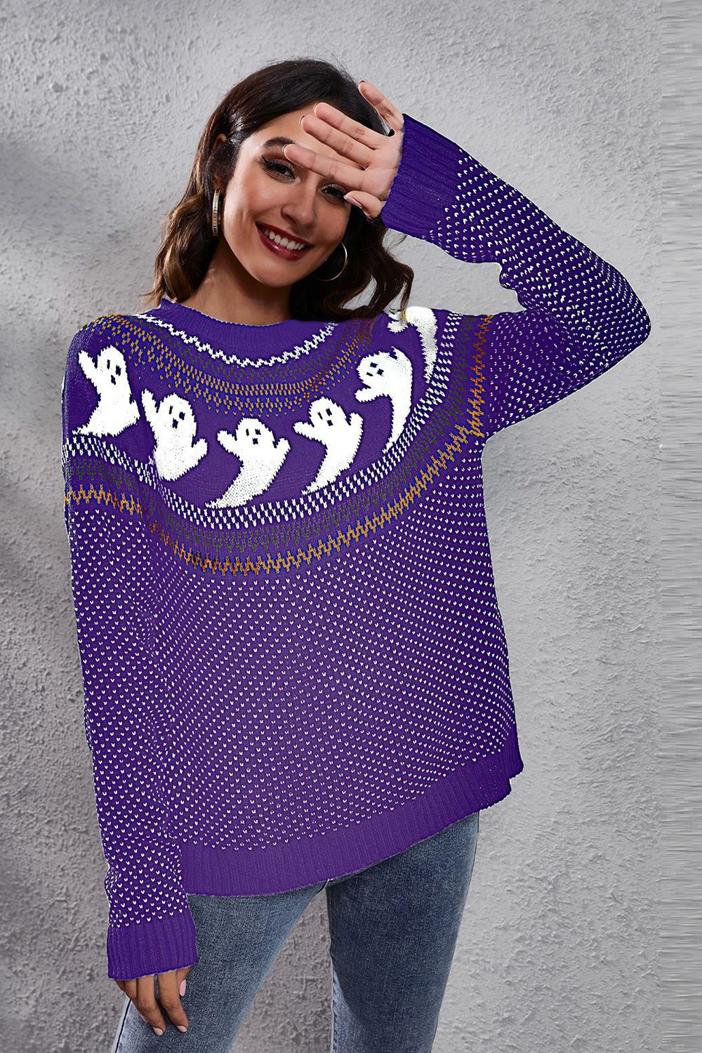 Wicked Thread Society purple acrylic sweater with white ghost pattern, round neck, and long sleeves on a woman