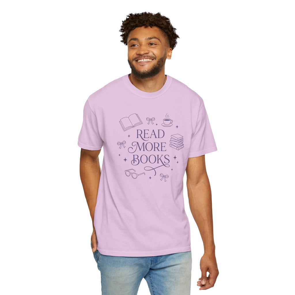 Wicked Thread Society light purple relaxed fit cotton graphic tee with Read More Books illustration on a man