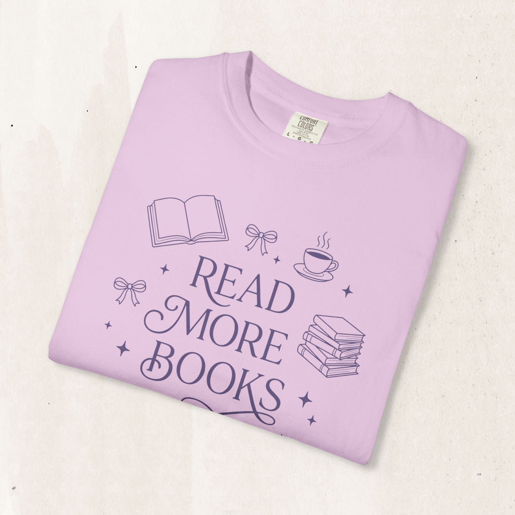 Wicked Thread Society light purple garment-dyed cotton t-shirt with Read More Books graphic and bookish illustrations