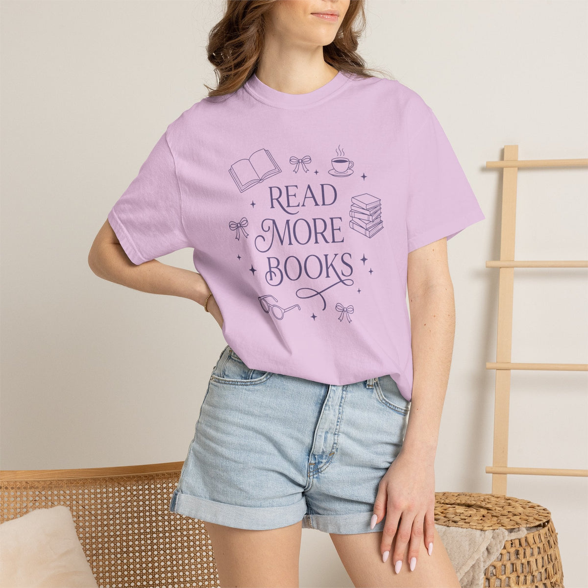 Wicked Thread Society light purple relaxed fit cotton t-shirt with Read More Books graphic and bookish illustrations