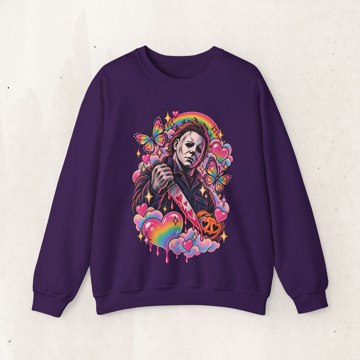 Colorful Michael Myers Horror Heart Crewneck Sweatshirt – Purple