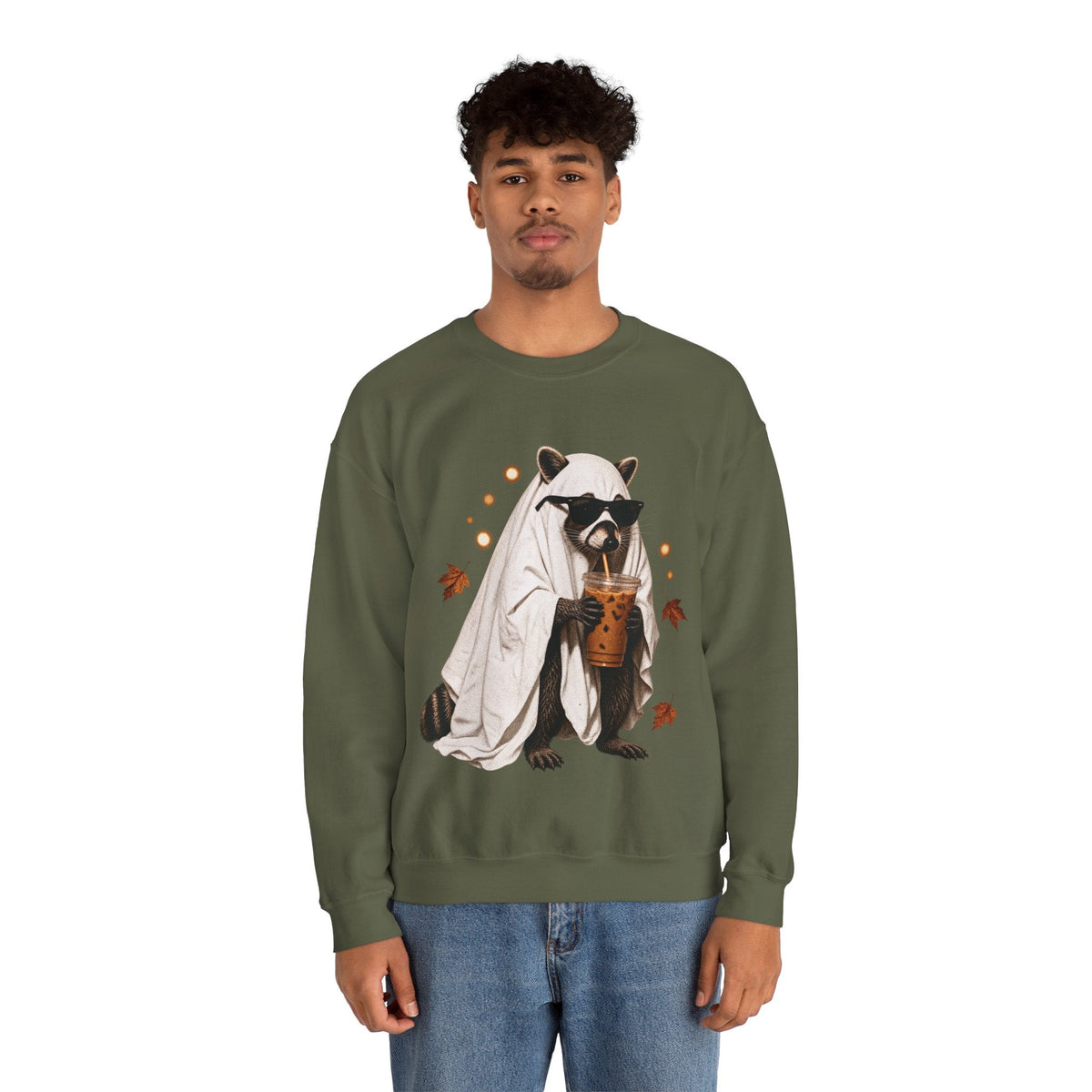 Wicked Thread Society olive green crewneck sweatshirt featuring a raccoon in a ghost costume drinking boba tea.