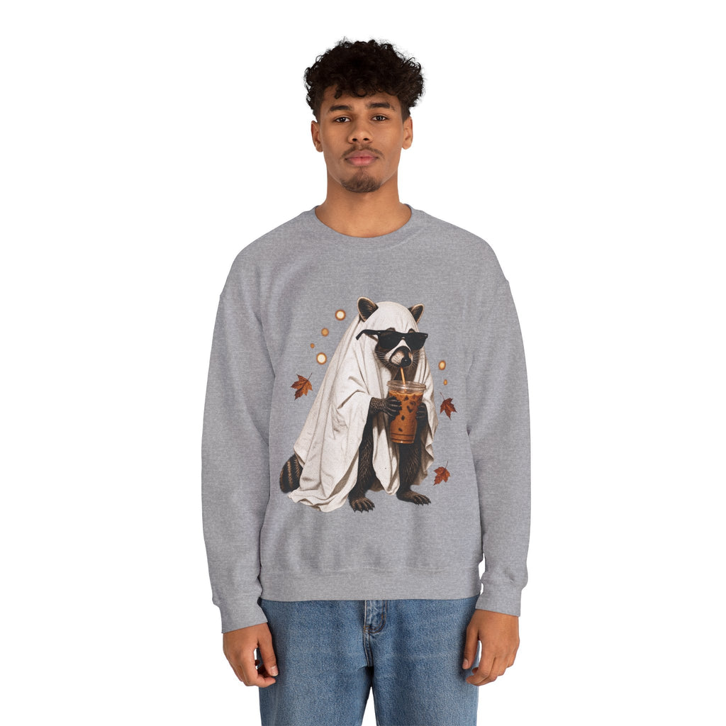 Wicked Thread Society grey crewneck sweatshirt featuring a raccoon in a ghost costume drinking boba with sunglasses