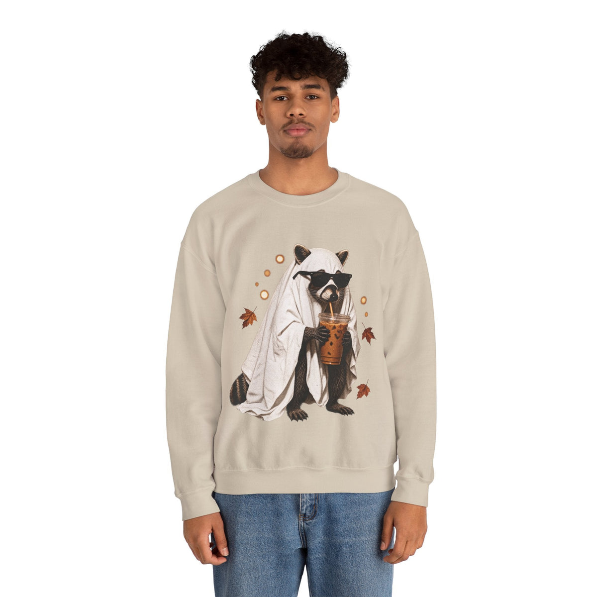 Wicked Thread Society beige crewneck sweatshirt featuring a raccoon in a ghost costume drinking boba tea