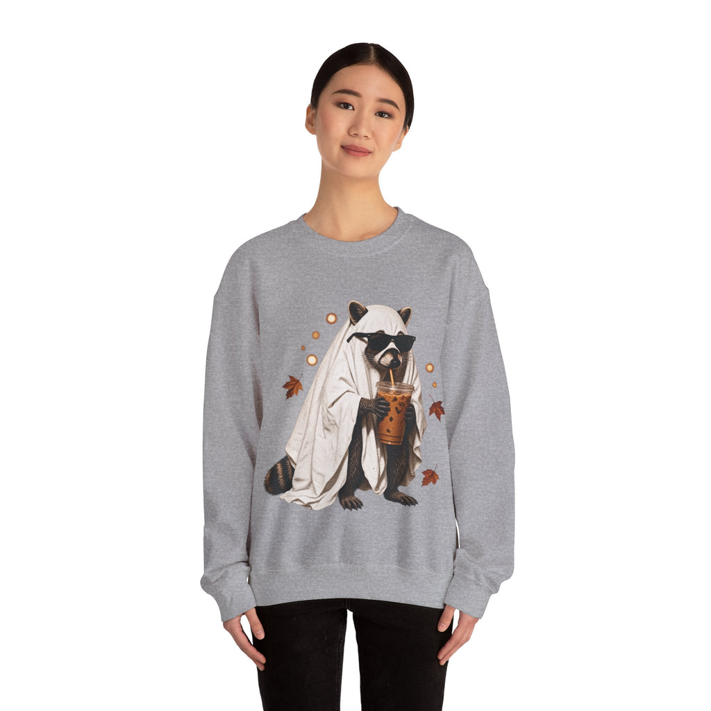 Wicked Thread Society grey crewneck sweatshirt featuring a raccoon in a ghost costume holding boba tea.