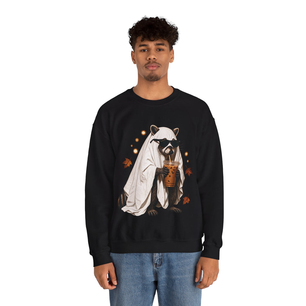 Wicked Thread Society black crewneck sweatshirt featuring a raccoon in a ghost costume drinking boba on a man