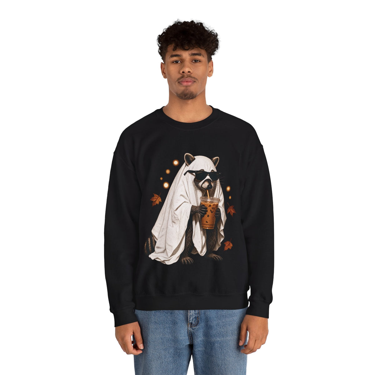 Wicked Thread Society black crewneck sweatshirt featuring a raccoon in a ghost costume drinking boba on a man