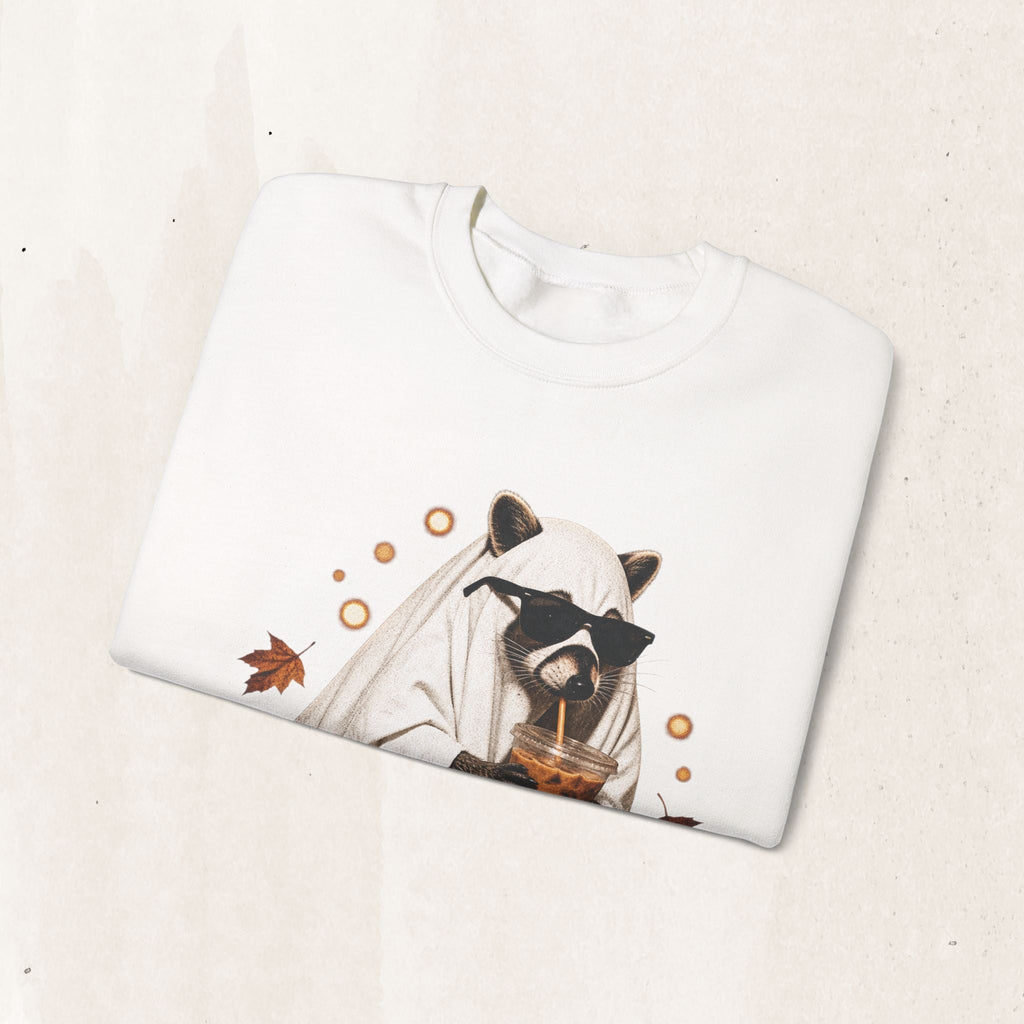Wicked Thread Society white crewneck sweatshirt featuring a raccoon in a ghost costume drinking boba with sunglasses.