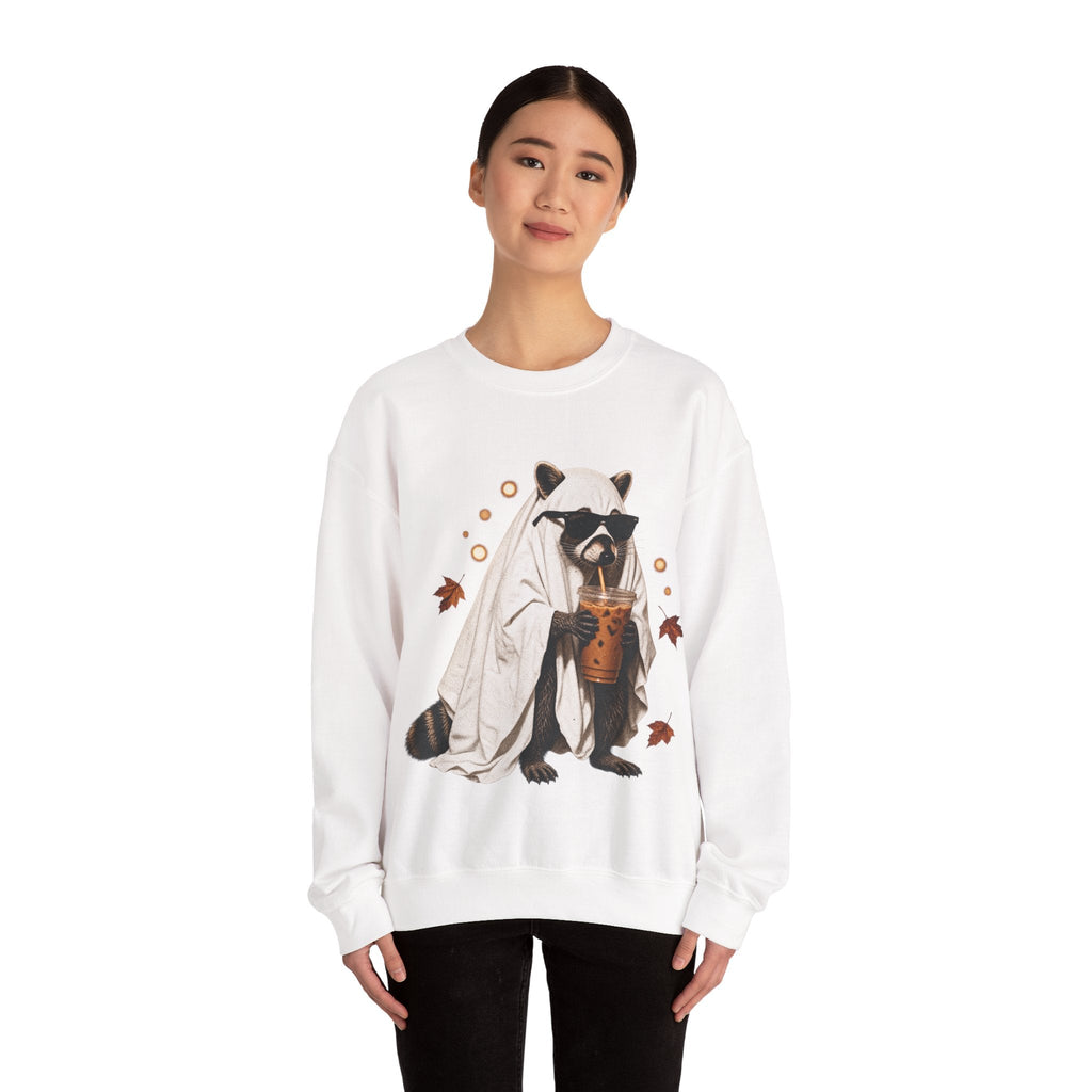 Wicked Thread Society white crewneck sweatshirt featuring a graphic of a raccoon in a ghost costume drinking boba.