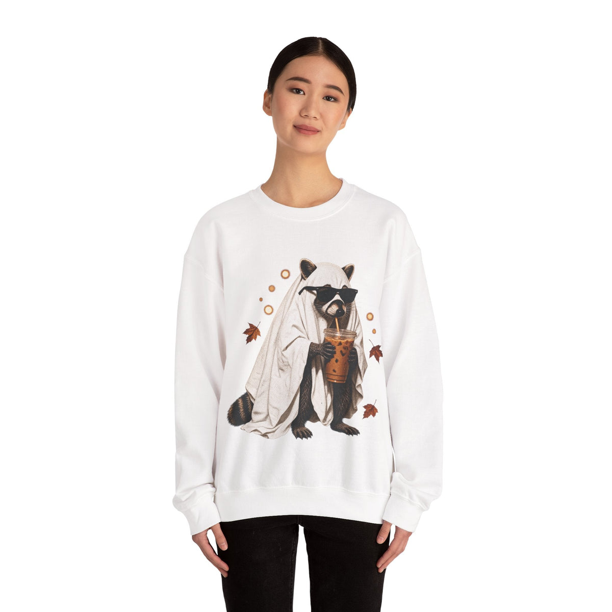 Wicked Thread Society white crewneck sweatshirt featuring a graphic of a raccoon in a ghost costume drinking boba.