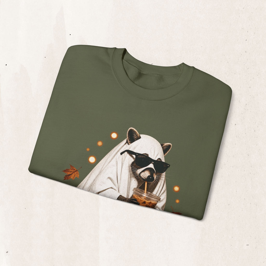Wicked Thread Society olive green crewneck sweatshirt featuring a raccoon in a ghost costume drinking boba tea.