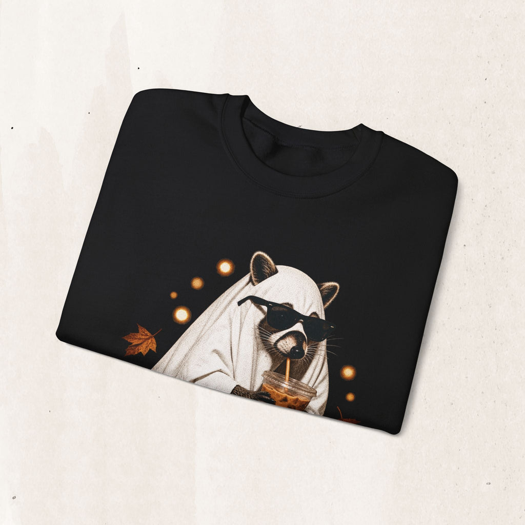 Wicked Thread Society black crewneck sweatshirt featuring a raccoon in a ghost costume drinking boba with sunglasses.