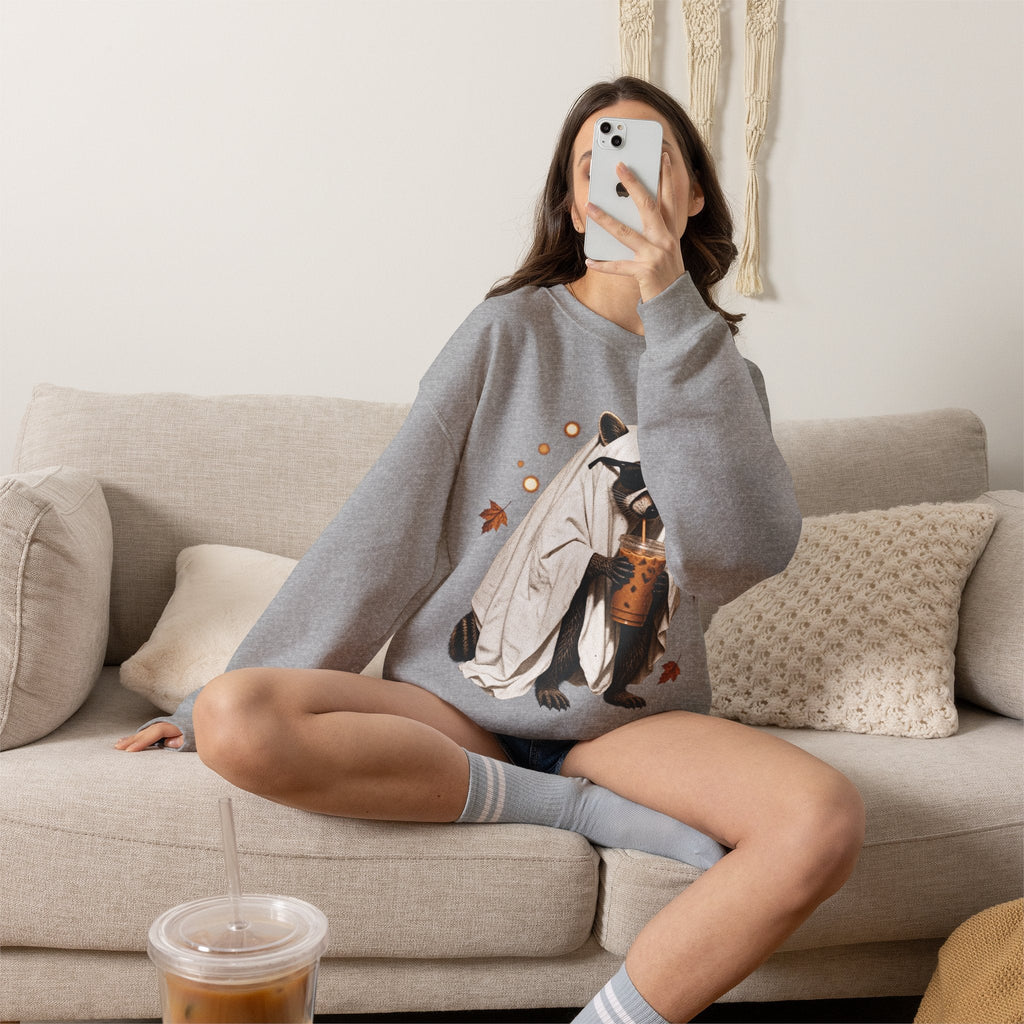 Wicked Thread Society grey crewneck sweatshirt featuring a raccoon ghost illustration with boba tea on a woman