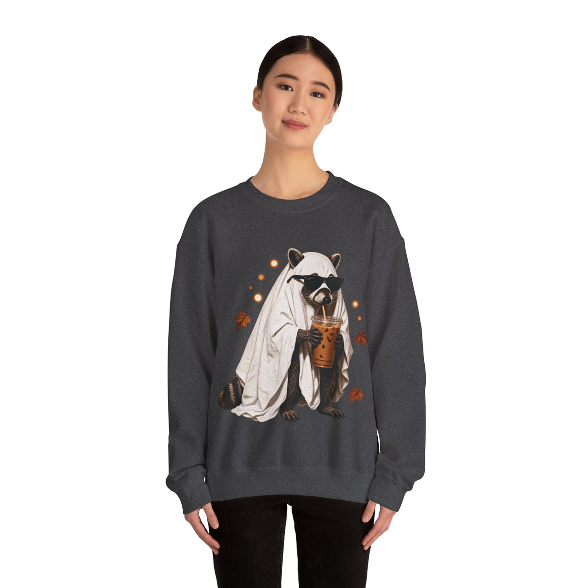 Wicked Thread Society charcoal crewneck sweatshirt featuring a raccoon in a ghost costume holding a boba tea.