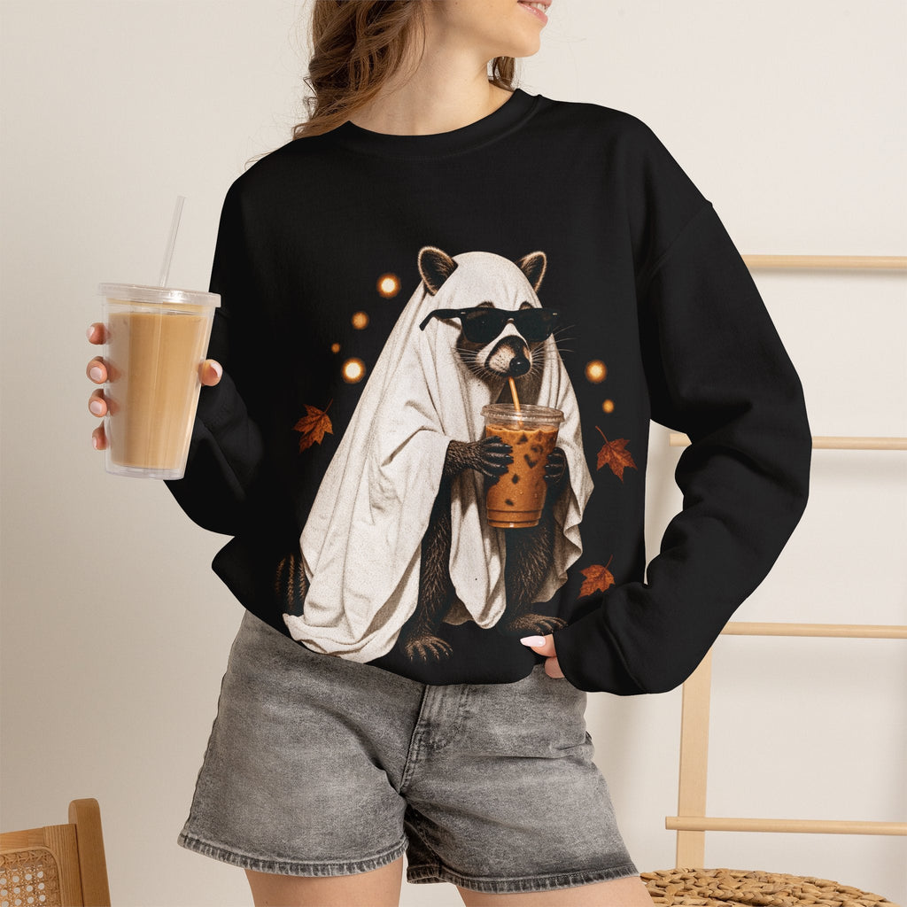 Wicked Thread Society black crewneck sweatshirt featuring a raccoon in a ghost costume drinking boba tea