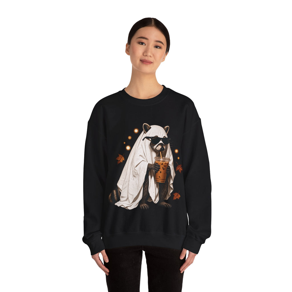 A model wearing a black Wicked Thread Society crewneck sweatshirt featuring a raccoon in a ghost costume with boba.