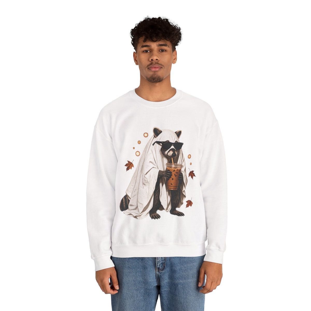 Wicked Thread Society white crewneck sweatshirt featuring a raccoon in a ghost costume drinking boba with sunglasses