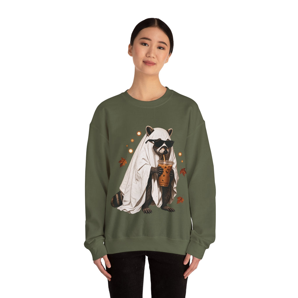 Wicked Thread Society olive green crewneck sweatshirt featuring a raccoon in a ghost costume holding a boba tea.