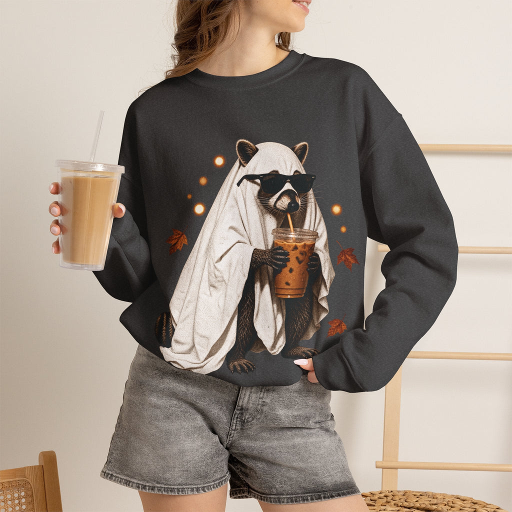 Wicked Thread Society charcoal crewneck sweatshirt featuring a raccoon in a ghost costume drinking boba tea