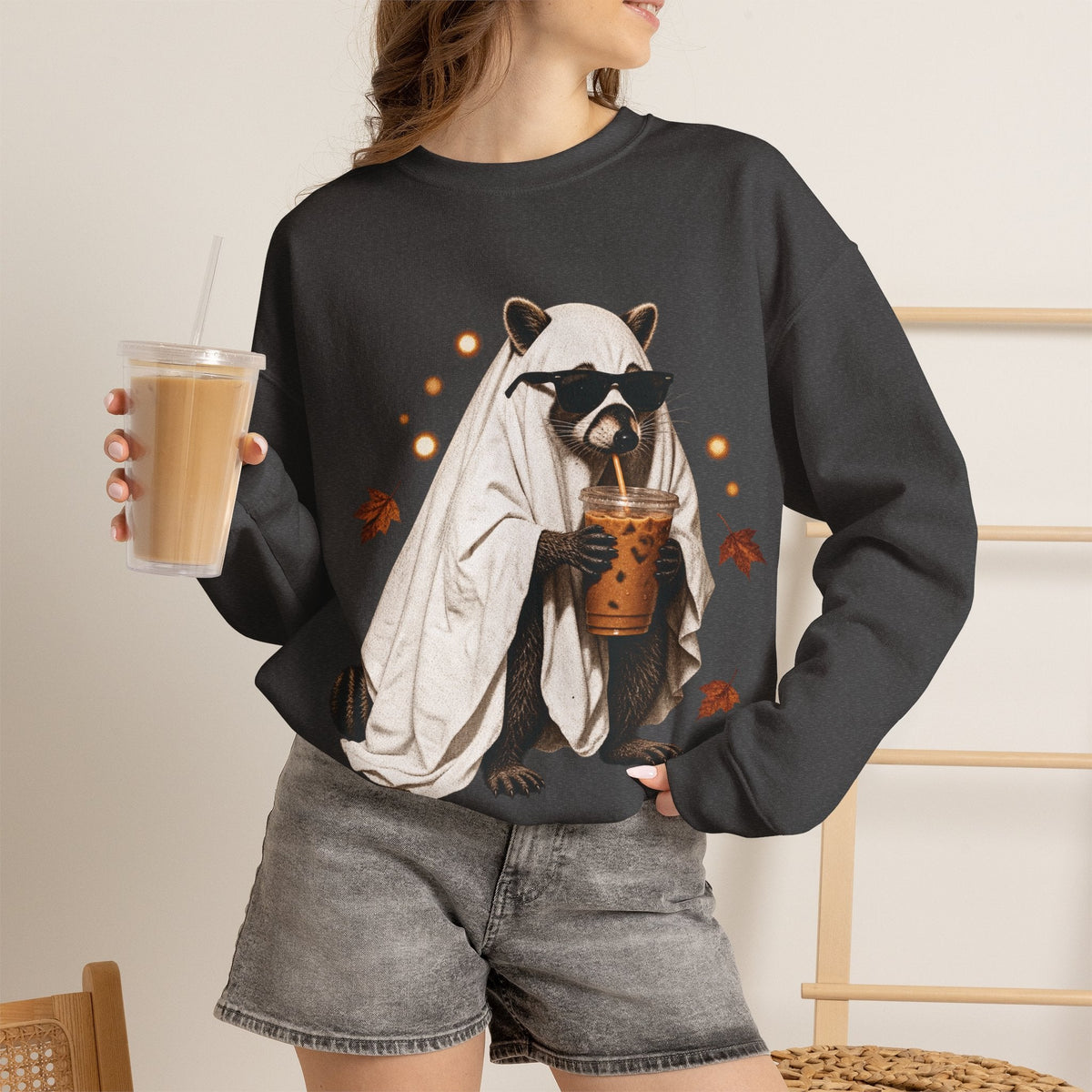Wicked Thread Society charcoal crewneck sweatshirt featuring a raccoon in a ghost costume drinking boba tea