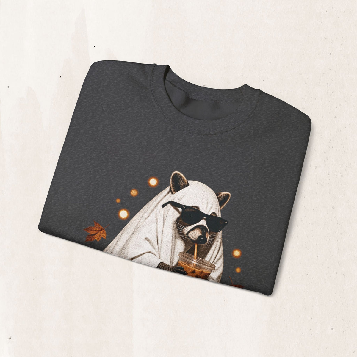 Wicked Thread Society charcoal crewneck sweatshirt featuring a raccoon in a ghost costume drinking boba tea.