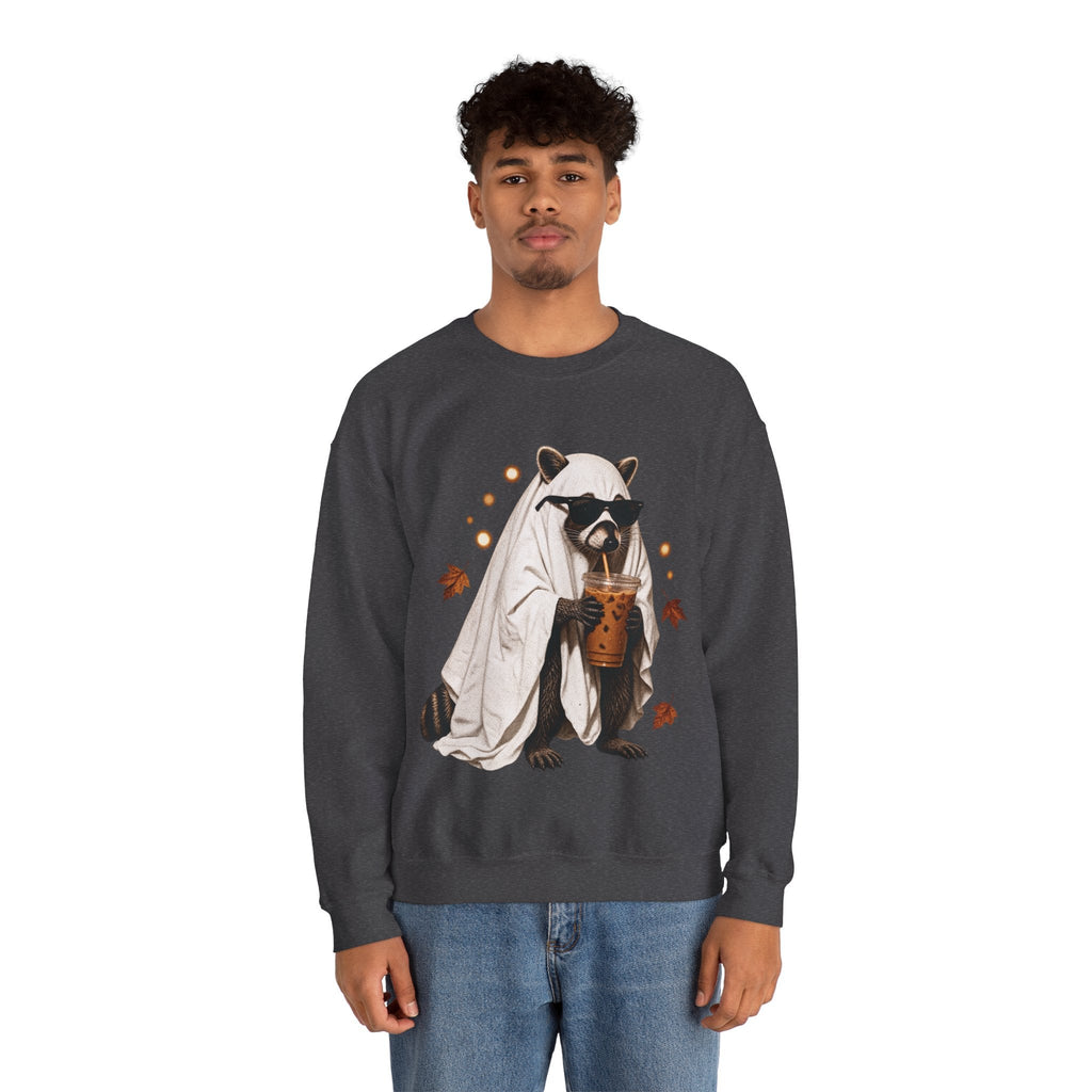 Wicked Thread Society charcoal crewneck sweatshirt featuring a raccoon in a ghost costume drinking boba tea.