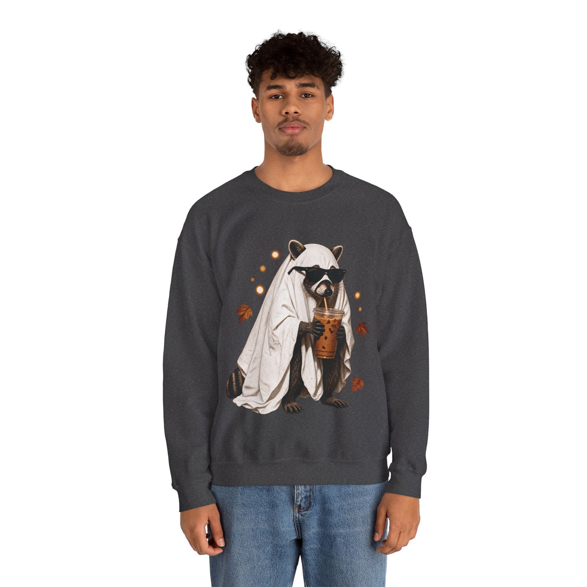 Wicked Thread Society charcoal crewneck sweatshirt featuring a raccoon in a ghost costume drinking boba tea.