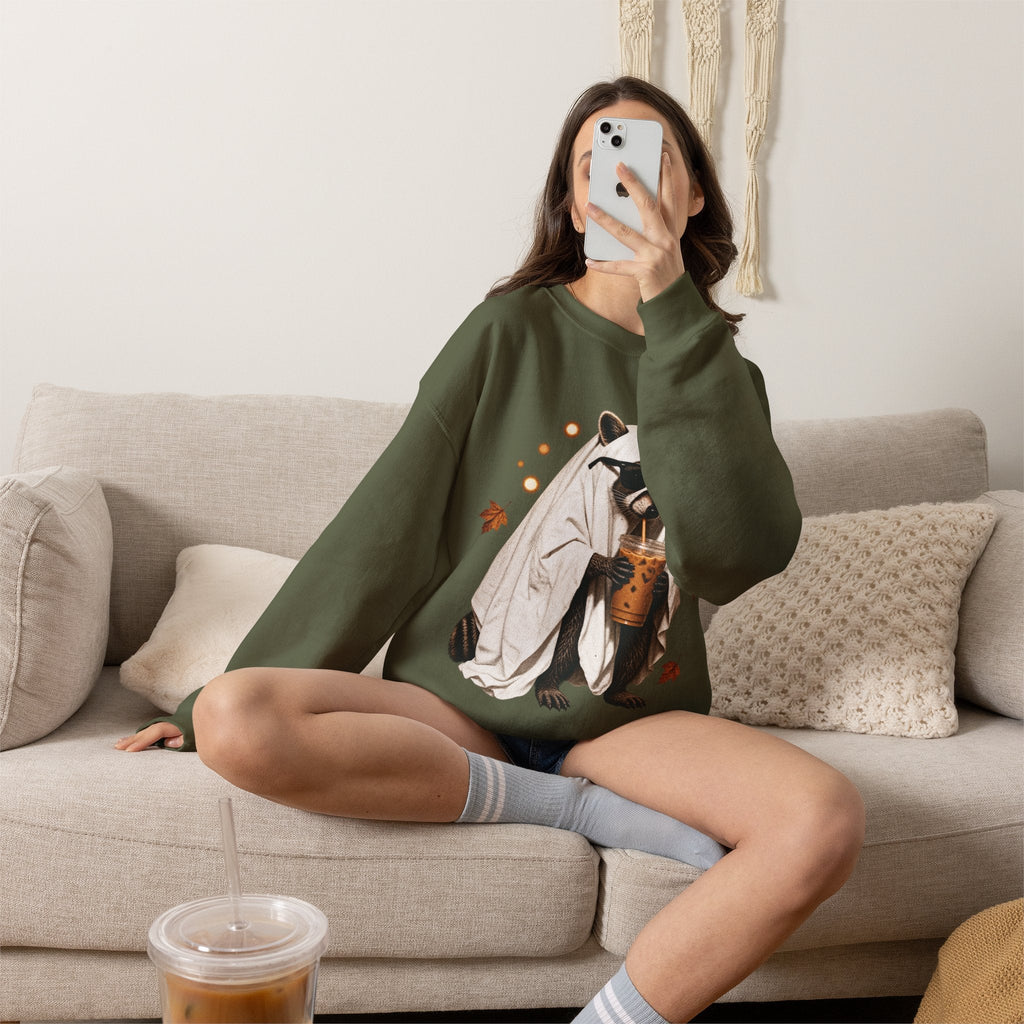 Wicked Thread Society olive green crewneck sweatshirt featuring a raccoon in a ghost costume holding boba tea