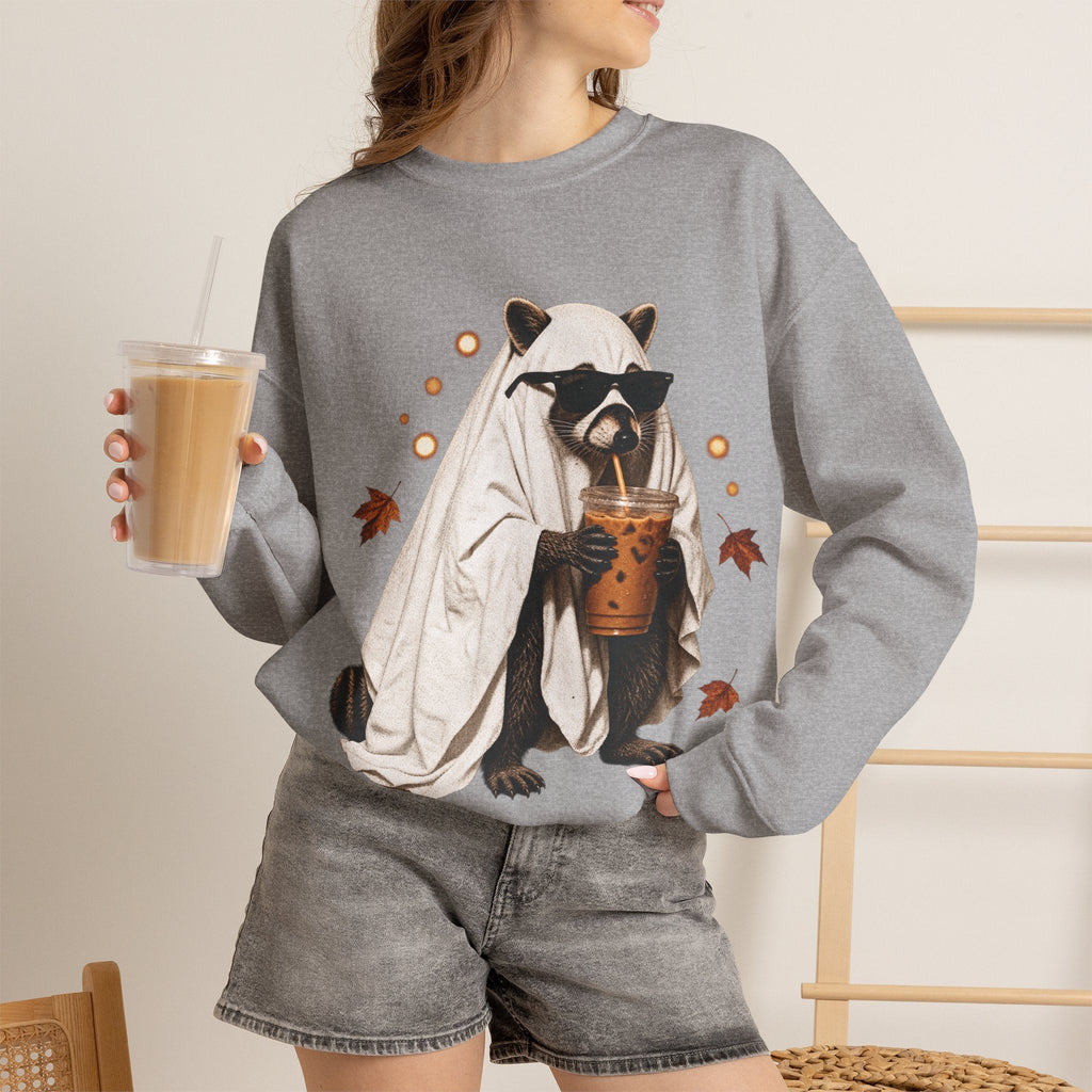 Wicked Thread Society grey crewneck sweatshirt featuring a raccoon in a ghost costume drinking boba tea