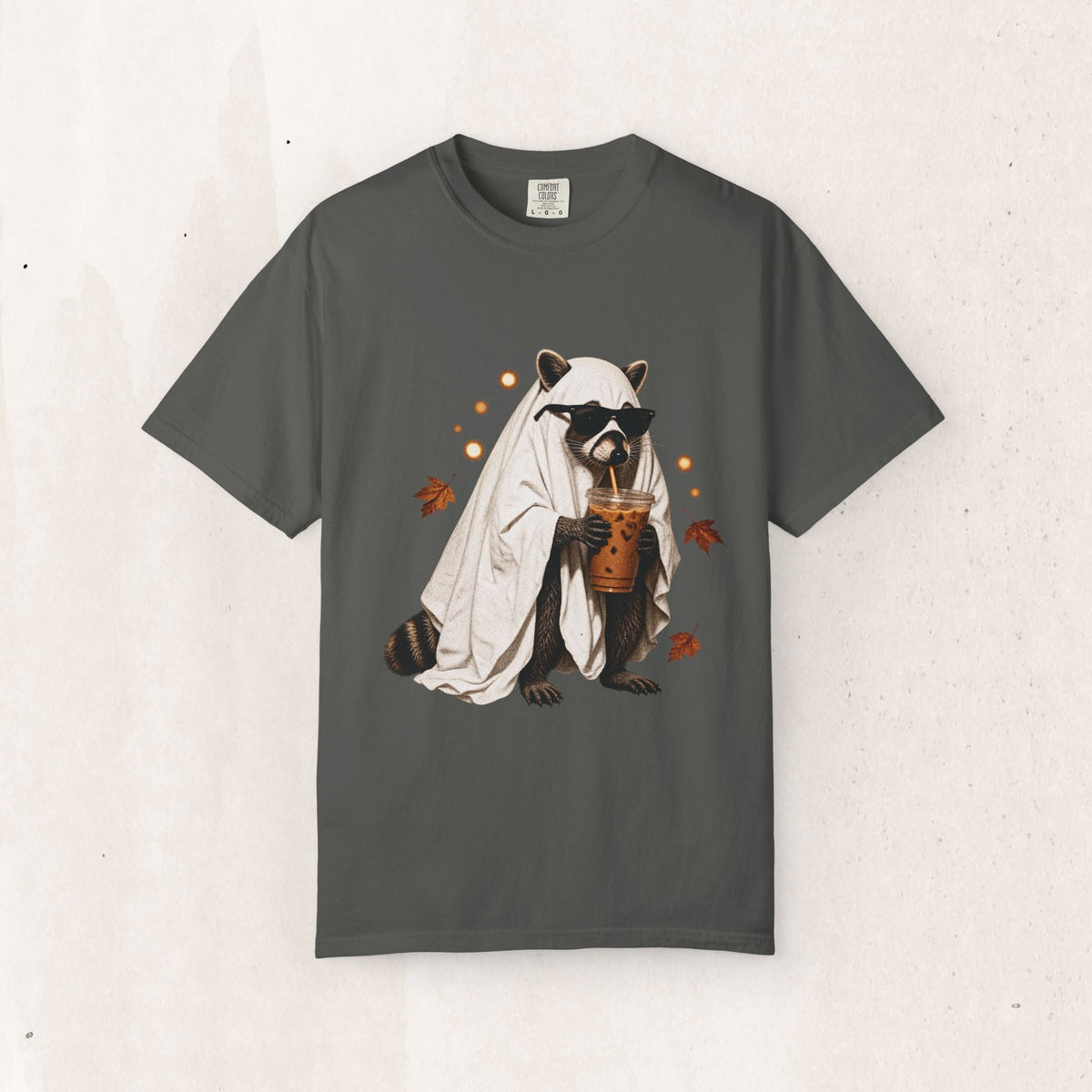 Ghost Raccoon Iced Coffee Tee – Funny Halloween Graphic Shirt – Pepper