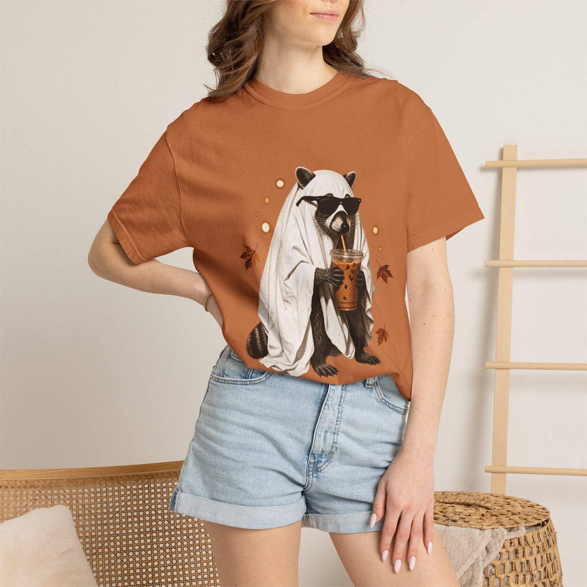 Ghost Raccoon Iced Coffee Tee in Chili, alternate view