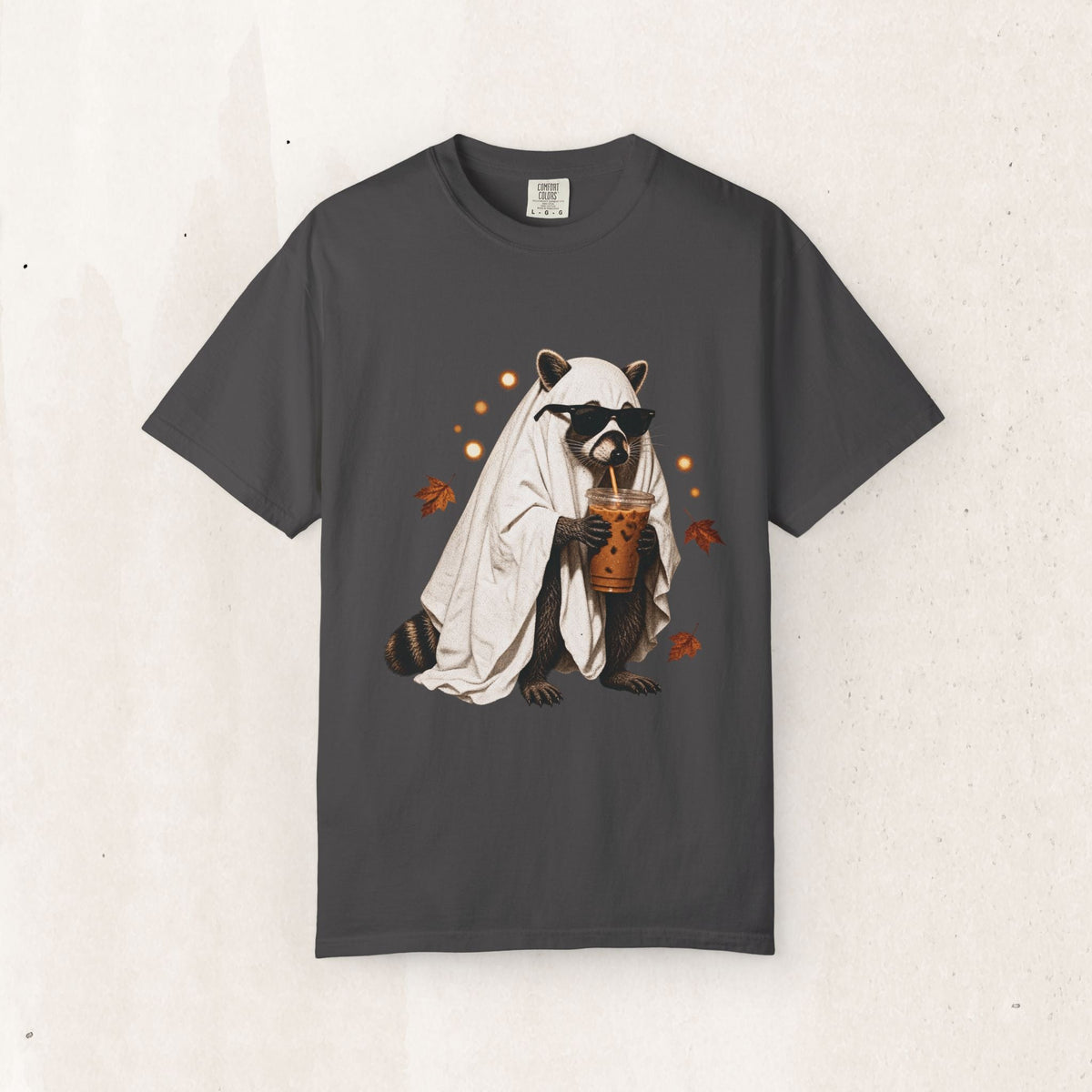 Ghost Raccoon Iced Coffee Tee – Funny Halloween Graphic Shirt – Graphite