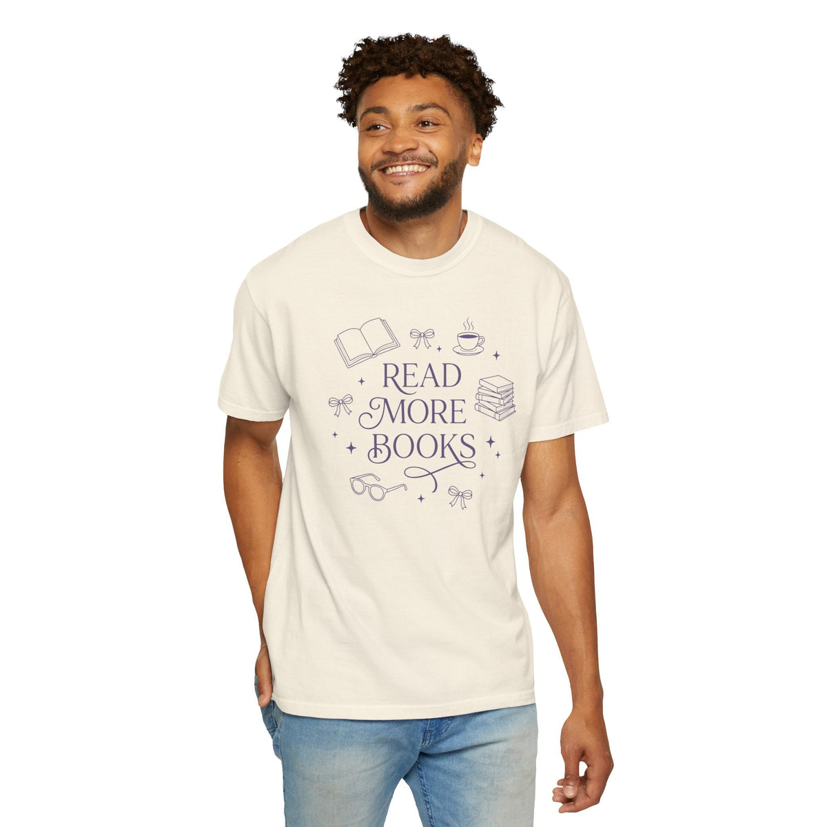 Wicked Thread Society relaxed cream cotton graphic tee with Read More Books illustration worn by a smiling man