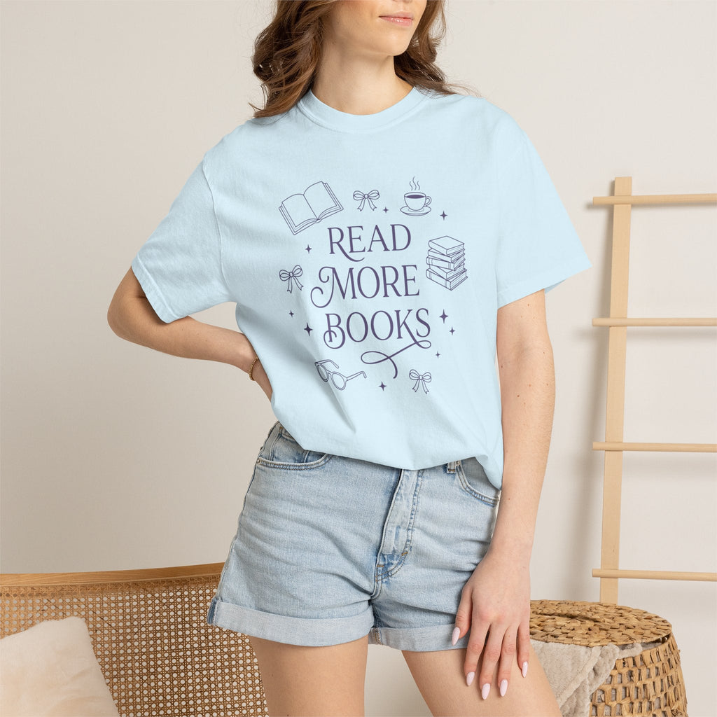 Wicked Thread Society light blue cotton graphic tee featuring a Read More Books illustration with a book and coffee.