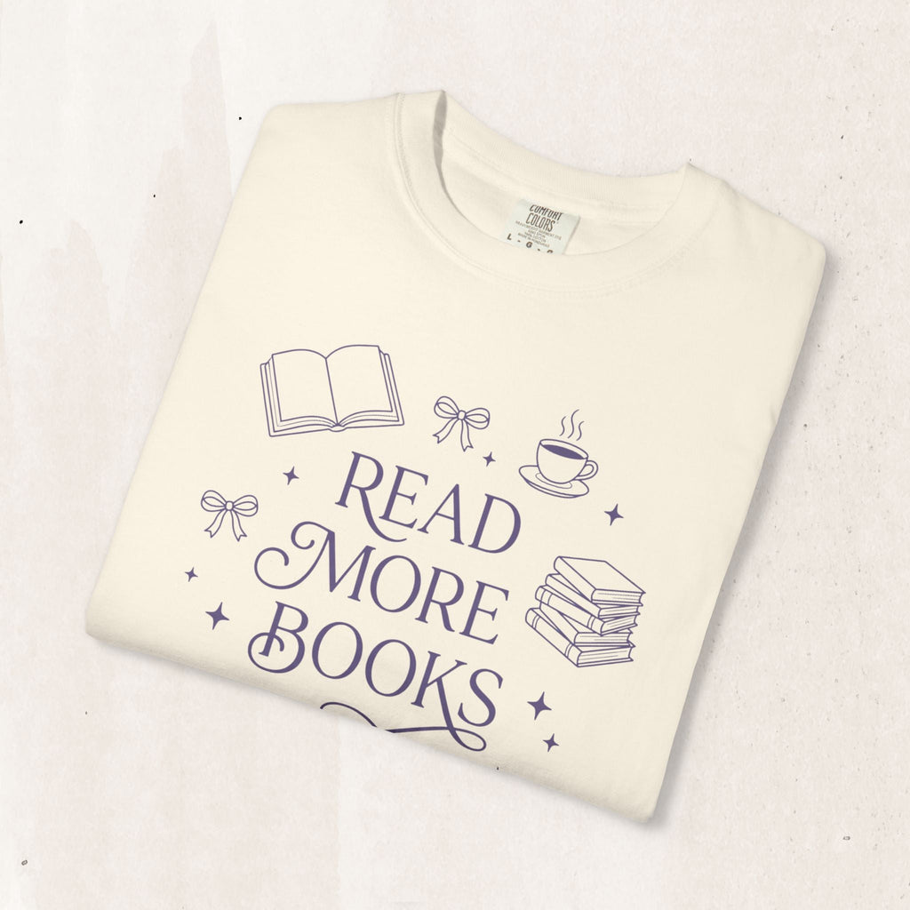 Wicked Thread Society cream garment-dyed cotton t-shirt with Read More Books graphic and bookish illustrations.