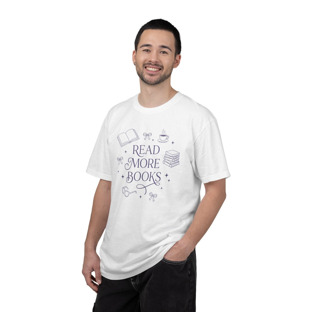 Wicked Thread Society white cotton graphic tee with Read More Books illustration worn by a smiling man.