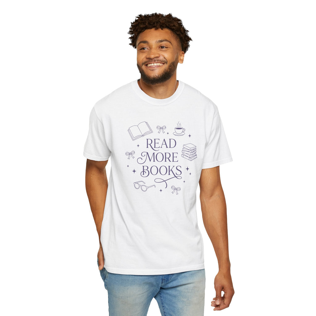 Wicked Thread Society white cotton graphic tee featuring a Read More Books illustration worn by a smiling man.