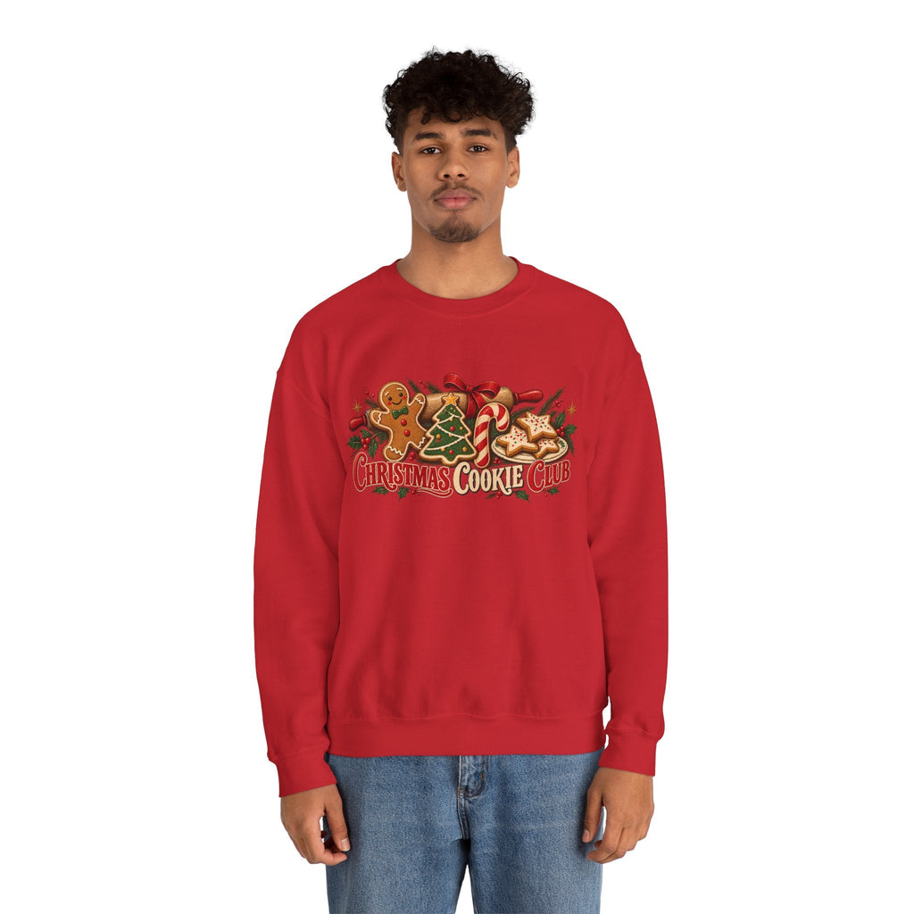 Wicked Thread Society red crewneck sweatshirt featuring a Christmas Cookie Club graphic with gingerbread and candy