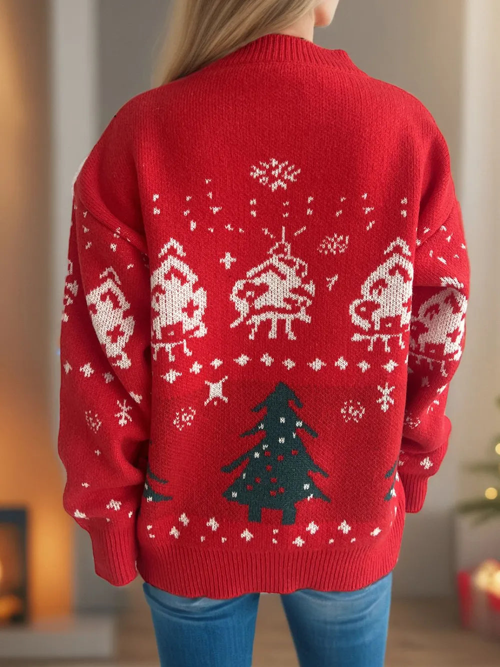 Wicked Thread Society red Christmas sweater with white holiday patterns and green tree detail, back view